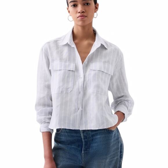 GAP 100% Linen Cropped Shirt Light Blue & White - Size XL - Picture 1 of 8